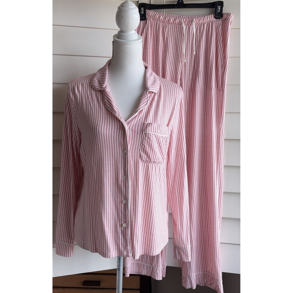Auden Cloud Knit Pajama Set S Red White Stripe Christmas Holiday Collard Pockets
